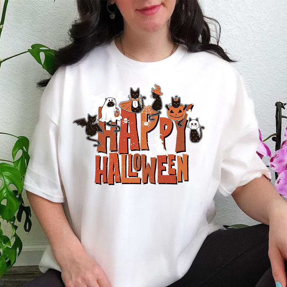 Happy Halloween Black Cat Retro Spooky Season Unisex T-Shirt